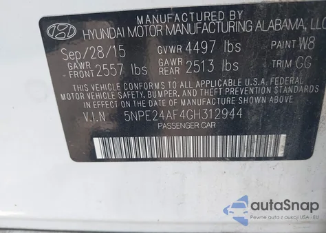 2016 Hyundai Sonata Se from USA, damaged, VIN 5NPE24AF4GH312944